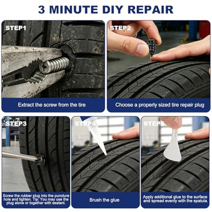 42PCS Tire Repair Rubber Nails Screws Kit with 2 Tubes Black Tire Sealant Glue & Screwdriver, 3 Sizes Universal Screw-in Tire Repair Plugs, Puncture Fix Tools for Car Motorcycle Truck ATV RV Tractor