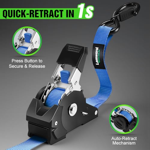 Retractable Ratchet Straps (4-Pack) - 1 Inch x 10 Feet (1,650lb Break Strength) - Heavy Duty Auto Self Retracting Tie Down Straps for Motorcycle, ATV, UTV, Truck, Cargo Trailer - Blue - color: Blue