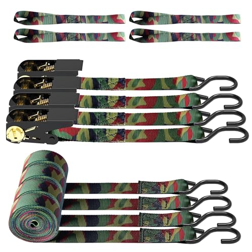 AWELCRAFT Ratchet Straps 4 Pack,1 Inch x 15 Feet Tie Down Ratcheting Strap,1500lb Breaking Strength with S-Hook,4X Soft Loops for Moving Appliances,Lawn Equipment,Truck,Motorcycle(Camouflage) - color: Camouflage