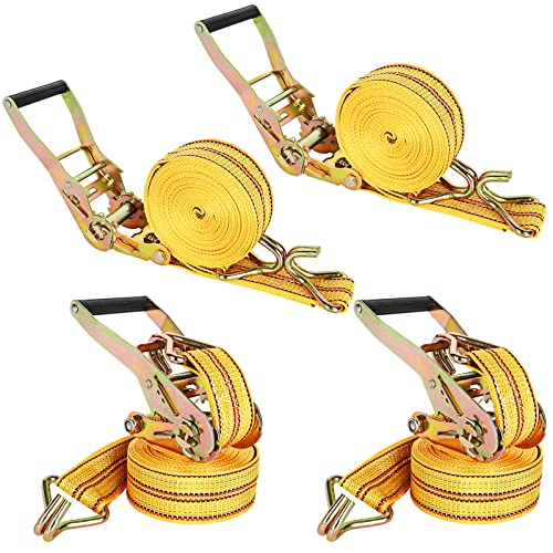 HUBun4 Pack Ratchet Tie Down Straps, 2" x 20 Feet, 8,000 lbs Break Strength, Heavy Duty Cargo Lashing Straps with Double J Hooks for Trucks, Trailers, and Moving - color: Yellow, size: 4 pack 2 inch x 20 ft