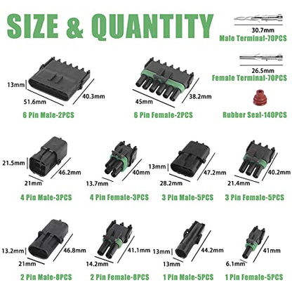 MUYI Weather Pack Connectors Kit Automotive Electrical Waterproof Connectors 2 Wire Connectors Plug Kit 20-14 AWG (1, 1-6pin (32 Sets)) - size: 1-6pin (32 sets)