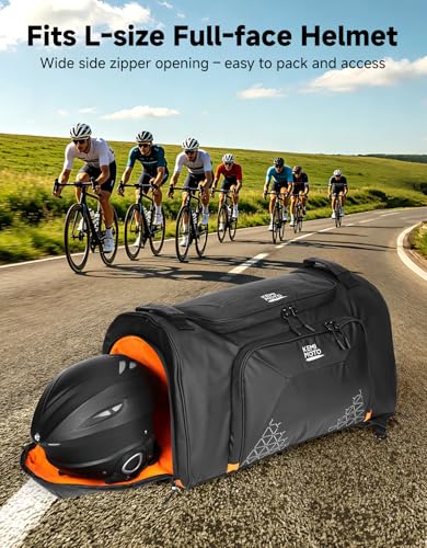 KEMIMOTO Bike Travel Bag, 60L Mountain Bicycle Duffel with Full-Face Helmet Storage (Size L) & Orange Interior Lining, Convertible Backpack for MTB Gear, Cycling Training, Hiking, Motorcycle, Biking