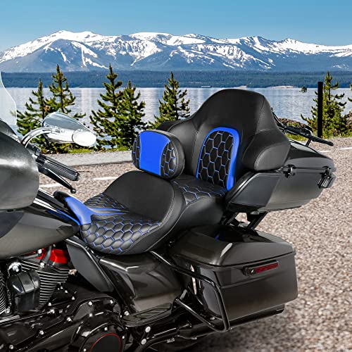 Extended Reach & Max Profile Seat Gel Rider Cushion with Rider Backrest and King Tour Pack Trunk Backrest Pad fit for Harley Touring Road King Street Glide Road Glide Electra Glide 09-2023 Black Blue - color: Gel Style A Blue Seat + 2 Backrest