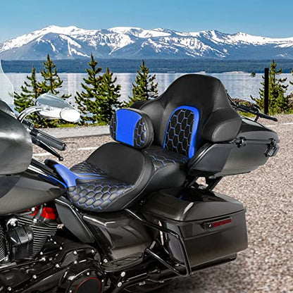 Extended Reach & Max Profile Seat Gel Rider Cushion with Rider Backrest and King Tour Pack Trunk Backrest Pad fit for Harley Touring Road King Street Glide Road Glide Electra Glide 09-2023 Black Blue - color: Gel Style A Blue Seat + 2 Backrest