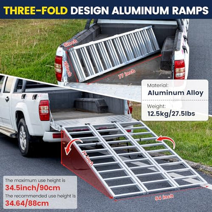 KROAK Aluminum Loading Ramp 77" x 54" Ultra-Wide, 1800LBS Capacity, Aluminum Tri-Fold Ramps with Ski Guides for Motorcycle/Dirt Bike/Trailer/ATV/UTV/Garden Tractor/Lawn Mower