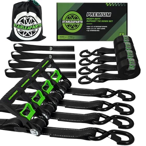 Motorcycle Tie Down Strap (4PK 1.5INX8FT) - 5,250lb Break Strength, Ratchet Straps Heavy Duty, Soft Loop Ratchet Straps for Moving Appliances, Lawn Equipment, Cargo Straps for Trucks - color: Black, size: 5250lb - 8ft