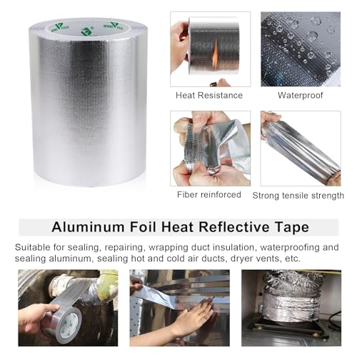 BOMEI PACK Adhesive Aluminum Foil Heat Shield Tape 1 Pack 6inch x 66ft,Barrier Fiberglass Thermal Insulation Reflective Material High Temp Protectionn - size: 6in*66ft