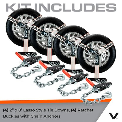 VULCAN Car Tie Down with Chain Anchors - Lasso Style - 2 Inch x 96 Inch - 4 Pack - Silver Series - 3,300 Pound Safe Working Load - size: Chain Anchors - Silver Series (4 Pack)
