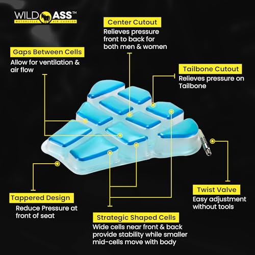 Wild Ass Motorcycle Air Gel-Sport Seat Cushion - Ergonomic Universal Fitting Air Adjusting Pad with Straps - Ultimate Rider Comfort & Relief, Cool Flow Motorcycle Accessories for Long Rides - Black - style: Air Gel
