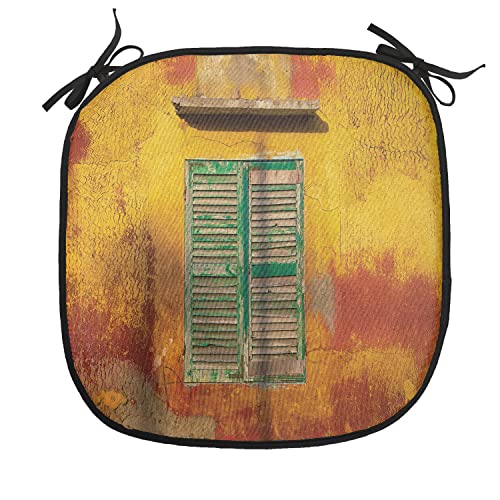Lunarable Shutters Chair Cushion Pad, Wooden Window and Old Vintage Orange House in Saint Louis Senegal Classic Home, Seat Padding for Kitchen & Patio with Anti-Slip Backing, 16"x16", Mustard Green - color: Mustard Green, size: Pack of 1
