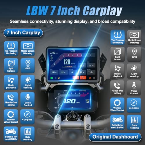 LBW 7" Motorcycle CarPlay Fit for BMW, Native Wonder Wheel Control, Data Reading, Wireless Bluetooth, GPS Navigation System, 1200 Nits IP69K Waterproof Touch Screen, Plug&Play, Android Auto/Siri/TPMS - size: BM 7"+Native control+Lossless Installation