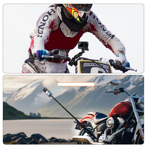 Motorcycle Mount Kit with 47" Invisible Selfie Stick Compatible for Insta 360 X5 X4 X3 X2 X RS GO 3 Heavy-Duty Double Clamp Camera Bike ATV RV Mount Kit Compatible for Gopro 13-8, Osmo 360, Osmo Nano