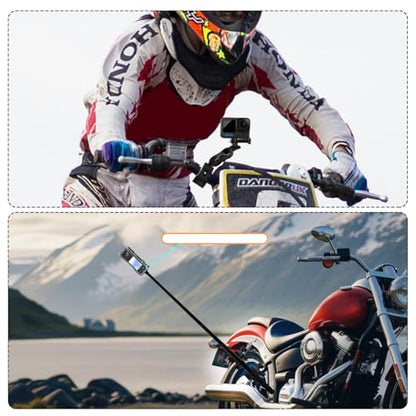 Motorcycle Mount Kit with 47" Invisible Selfie Stick Compatible for Insta 360 X5 X4 X3 X2 X RS GO 3 Heavy-Duty Double Clamp Camera Bike ATV RV Mount Kit Compatible for Gopro 13-8, Osmo 360, Osmo Nano