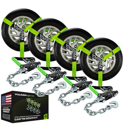 VULCAN Car Tie Down with Chain Anchors - Lasso Style - 2 Inch x 96 Inch - 4 Pack - High-Viz - 3,300 Pound Safe Working Load - size: Chain Anchors - High Viz Green (4 Pack)