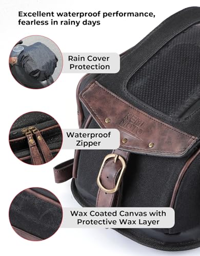 KEMIMOTO Motorcycle Tank Bag, Retro Expandable Storage Thigh Bag Leg Bag with Leg Strap, Waterproof Touch Screen Protector for Mobile Phones, Oil Waxed Canvas Material, Black 8.5L