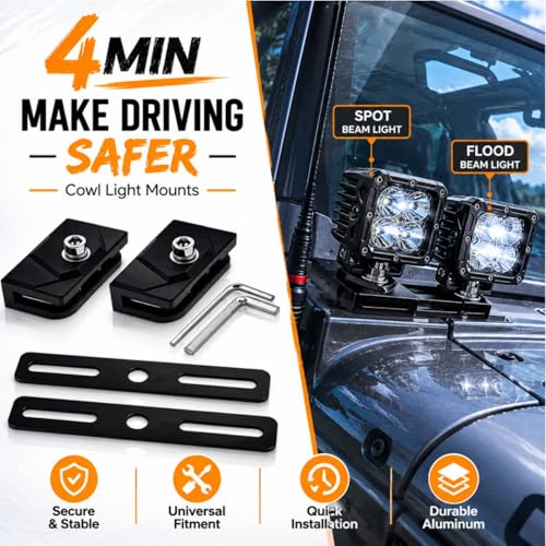 LED Light Bar Mounting Brackets A Pillar Ditch Light Bracket Extensions | Steel Cowl Pod Light Mounting Brackets No Drilling Universal Hood Light Mounting Brackets Adjustable Aluminum Alloy - color: Hood Mount + 2PCS Ditch Light Bracket Extensions