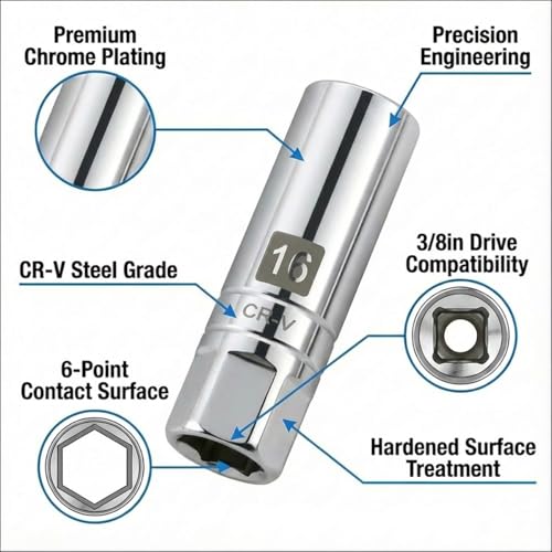 1PCS Magnetic Spark Plug Socket, 3/8 Inch Drive 6-Point Sparking Plugs Socket, Universal Spark Plug Removal Tool Accessories for Most Cars, SUVs, Trucks(16MM) - size: 16MM