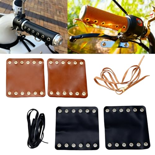 4 PCS Flat Leather Motorcycle Grip Covers Brown and Black Handlebar Protectors with Adjustable Straps Universal Anti-Slip Handle Gloves for Most Bikes