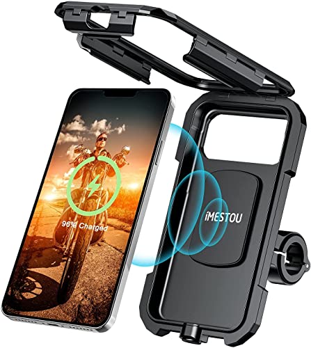 iMESTOU Waterproof IP67 Motorcycle Phone Mount Wireless/USB C Charger Handlebar Cellphone Holder Quick Charge for 5.5"-6.8" Phones, Work by Wiring to 12/24V Motorcycles or Plugging to USB A Sockets - size: For Larger Phone Size