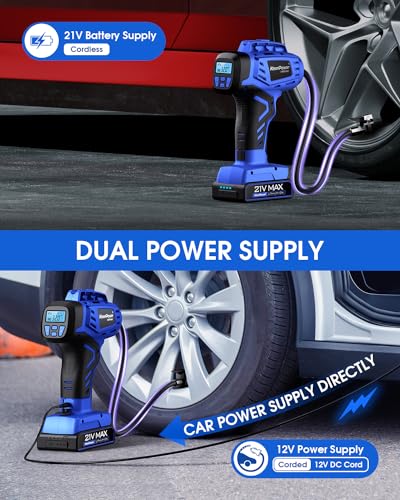 KeenPower Smart Cordless Tire Inflator Portable Air Compressor Rechargeable 21V Battery Powered 160PSI Handheld Air Pump w/4+N Smart Modes & Dual Power & Digital Pressure Gauge for Cars Motorcycles