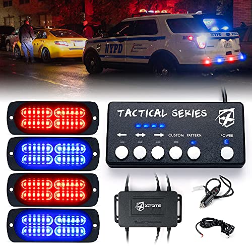 Xprite 24 LED Surface Mount Strobe Lights Kit with Control Panel, Grill Grille Side Marker Flashing Emergency Warning Police Light Assembly for Trucks Vehicles ATV RV Cars Van Red Blue, 4PCS - color: Red Blue, size: 4 PCS