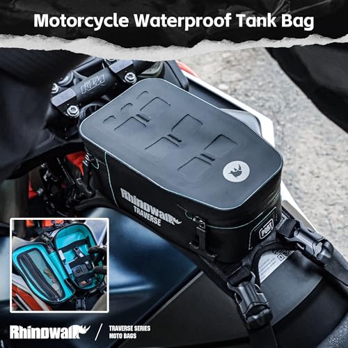 Rhinowalk Waterproof Motorcycle Tank Bag, 2L Compact Motorbike Tank Pouch with MOLLE Webbing, Removable Inner Liner, Cable Port, Reflective Logo, Organized Interior