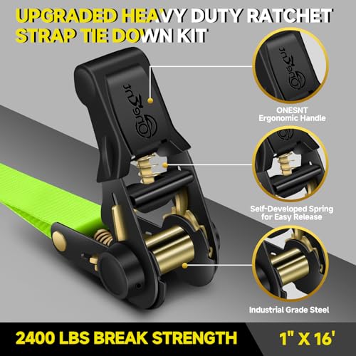 4Pcs Ratchet Tie Down Straps Kit for 2400lb Break Strength | 1” x 16FT Tie Down Straps with Soft Loop Tie-Downs & Safety S Hook - Cargo Strap Tie Down for Trucks, Motorcycle, Moving, Appliances-Green - color: Green