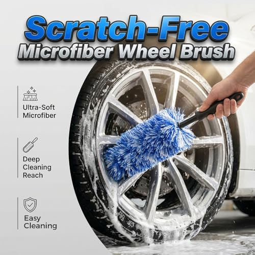 Wheel Barrel Cleaning Brush,2026 New Long Handle Microfiber Wheel Brush Car Duster,Lightweight Rim Detailing Tool for Narrow Spokes & Brake Calipers - color: Black Brush/1pcs