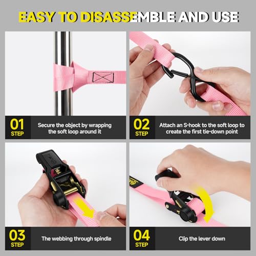 4Pcs Ratchet Tie Down Straps Kit for 2400lb Break Strength | 1” x 16FT Tie Down Straps with Soft Loop Tie-Downs & Safety S Hook - Cargo Strap Tie Down for Trucks, Motorcycle, Moving, Appliances - Pink - color: Pink