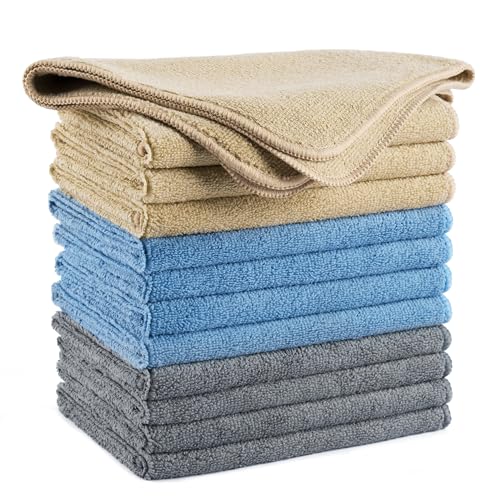 POLYTE Professional Microfiber Cleaning Cloth, 14 x 14 in, Blue, Camel, Gray (12 Pack)