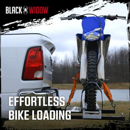 Black Widow Motorcycle Hitch Carrier with Wheel Chock & Ramp, 400 lb Capacity Anti-Rattle – Lightweight Aluminum Dirt Bike Transport Platform with Secure Mounting – Fits 2" Receiver - style: Single Bike with Wheel Chock