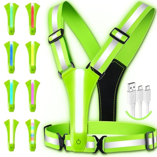Topward LED Reflective Vest Running Gear, 8 Lights Colors Illuminated, USB-C Rechargeable, High Visibility Safety Vest with Adjustable Waist/Shoulder, Light Up Vest for Night Dog Walking Cycling