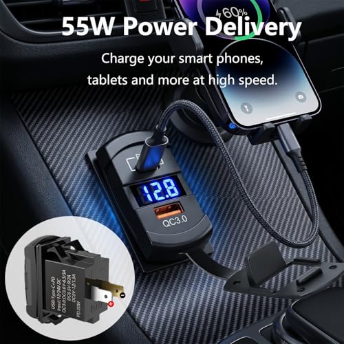 USB C Car Charger Socket,PD 55W & QC3.0 36W Multifunctional Dual-Port Fast Charging Outlet with LED Voltmetert,10A Inline Fuse,Rocker Switch USB Panel for Boat RV Truck Motorcycle ATV UTV Golf Cart - color: Blue