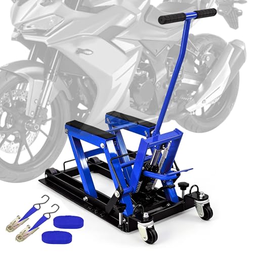 1500 Lbs Hydraulic Moto Lift, Foot-Operated, 3-Speed Lock & Belts, Blue | 1500 Lbs Hydraulic Moto Lift, Foot-Operated Jack, 9.4"-14" Height, 3-Speed Lock, 2 Ratchet Belts, for ATV/UTV - color: Blue