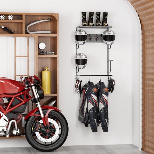 Motorcycle Helmet Holder Wall Mounted, Helmet Holder Wall Mount with Helmet Rack, 4 Glove Chips and 4 hooks, Rustic Helmet Holder and Motorcycle Helmet Rack for Most of Helmet and Clothes (Grey) - color: Grey