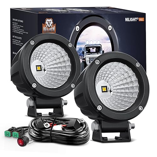Nilight LED Light Pods 2 PCS 3" Flood Round Offroad Fog Driving Auxiliary Lights 1080LM Built-in EMC w/18AWG DT Wiring Harness Kit for Motorcycle SUV ATV Truck Boat - color: White Led Pods 2Pcs +Wiring Harness