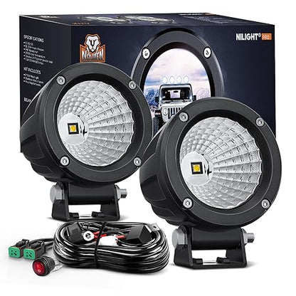 Nilight LED Light Pods 2 PCS 3" Flood Round Offroad Fog Driving Auxiliary Lights 1080LM Built-in EMC w/18AWG DT Wiring Harness Kit for Motorcycle SUV ATV Truck Boat - color: White Led Pods 2Pcs +Wiring Harness