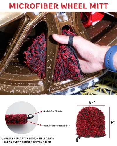 oesee 7PCS Car Wheel Rims Detail Cleaning PRO Wash Kit, Wheel Wash Mitt, Tire Brush, 2PCS Soft Wheels Brush, Detailing Brush, and Tire Dressing Pads, Microfiber Dry Towel Scratch-Free Cleaning - color: 7 Pack (Red & Black)