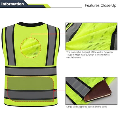 Class 2 High Visibility Reflective Safety Vests Women & Men With 15 Pockets And Zipper Front,Meets Ansi/Isea Standards - color: Yellow_body Black Trims, size: 3X-Large