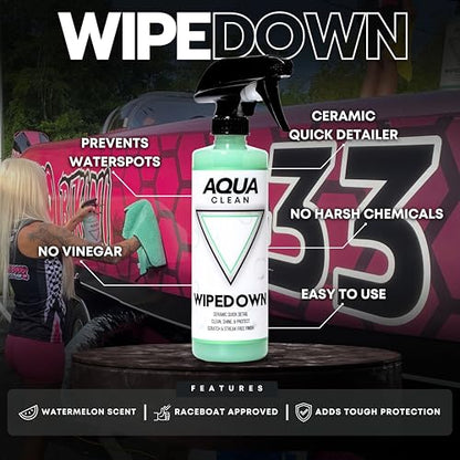 AquaClean WIPEDOWN Ceramic Quick Detailer Spray & Waterless Wash | SiO2 Hydrophobic Coating | Car, Truck, Boat, RV, Motorcycle & Off-Road | UV Protection | Shine & Protect | USA Made | 16oz