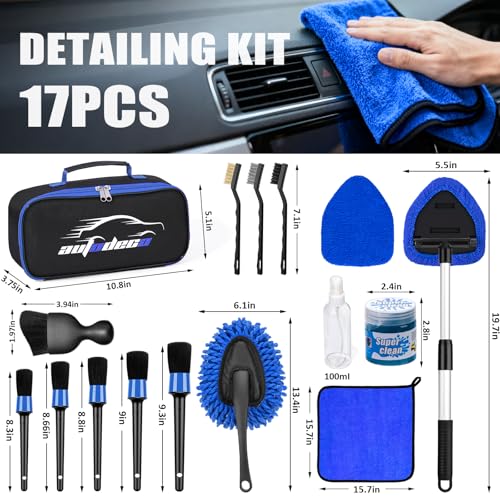 Windshield Cleaner Tool, 17Pcs Car Interior Detailing Kit, Detailing Brush, Towels, Duster, Car Cleaning Kit Interior for RVs, Truck, Trailer (Blue) - color: Blue