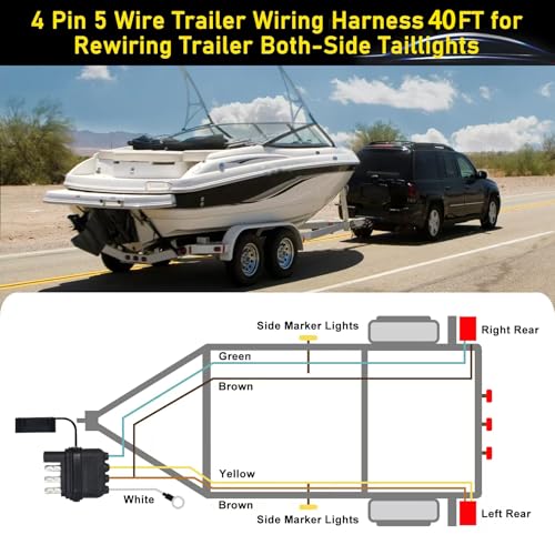 4 Pin 5 Wire Trailer Wiring Harness Kit 40FT - 18AWG Pure Copper Wires with Tinned Ends to Prevent Corrosion, for Connection of Tail/Brake Lights and Turn Signals (40FT) - size: 40FT