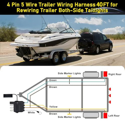 4 Pin 5 Wire Trailer Wiring Harness Kit 40FT - 18AWG Pure Copper Wires with Tinned Ends to Prevent Corrosion, for Connection of Tail/Brake Lights and Turn Signals (40FT) - size: 40FT