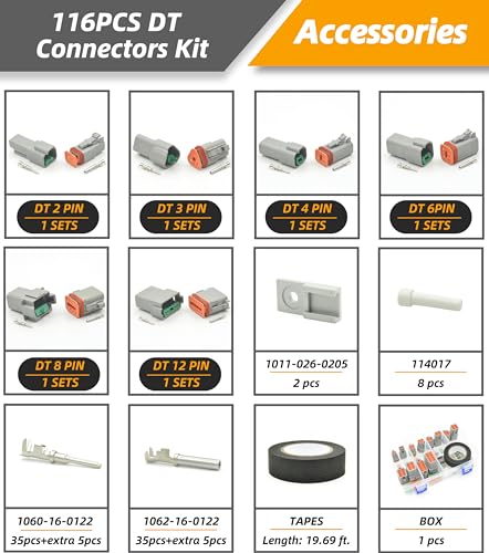 116 PCS Deutsch Connector Kit, DT 2 3 4 6 8 12 Pin Connectors, IP67 Waterproof Electrical Connectors Plug with 40 Pairs Size 16 Stamped Contacts for Car Truck Boat (1SET 116PCS) - size: 1SET 116PCS
