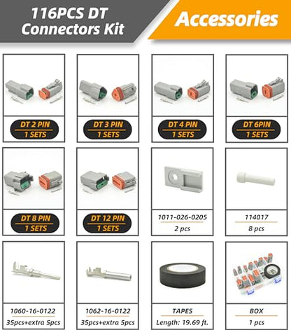 116 PCS Deutsch Connector Kit, DT 2 3 4 6 8 12 Pin Connectors, IP67 Waterproof Electrical Connectors Plug with 40 Pairs Size 16 Stamped Contacts for Car Truck Boat (1SET 116PCS) - size: 1SET 116PCS