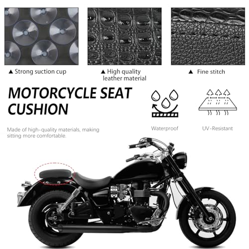 DREAMIZER Black Crocodile Leather Pillion Passenger Pad Rectangular Motorcycle Solo Seat Universal Rear Cusion 8 Suction Cups Pillon Cushion Compatible with Harley Custom Chopper Cruiser - style: Crocodile Black