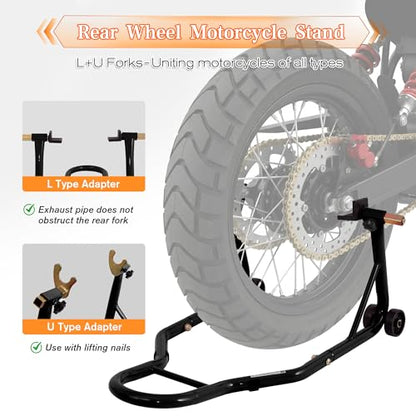 Motorcycle Front & Rear Stand Combo, Universal Adjustable Paddock Lift Stand, Swingarm Spool & Wheel Lift, 850lbs Capacity, Heavy-Duty Steel, Black