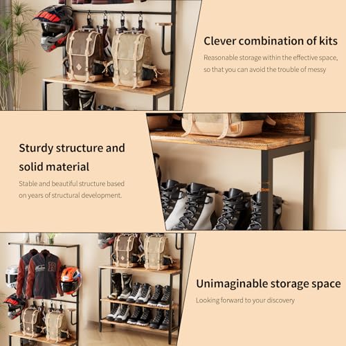 Motorcycle Helmet Holder Floor Mounted Stand, Wall Mount with Helmet Rack, 4 Glove Chips and 4 Hooks, Rustic Helmets Holder and Motorcycle Helmets Rack for Most of Helmet