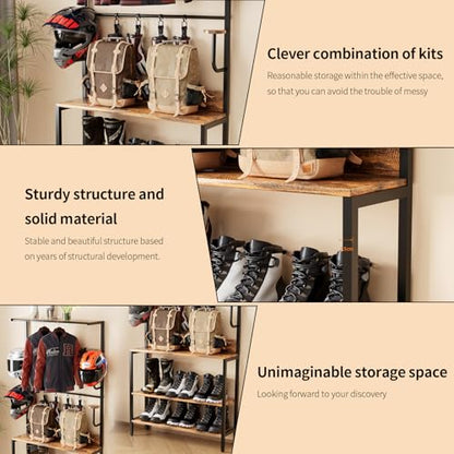 Motorcycle Helmet Holder Floor Mounted Stand, Wall Mount with Helmet Rack, 4 Glove Chips and 4 Hooks, Rustic Helmets Holder and Motorcycle Helmets Rack for Most of Helmet
