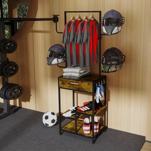 uyoyous Motorcycle Helmet Holder, Helmet Stand, Large Standing Helmet Holder, Metal Motorcycle Helmet Storage Rack with Drawer for Jacket, Hats, Multifunctional Helmet Rack, Motorcycle Accessories
